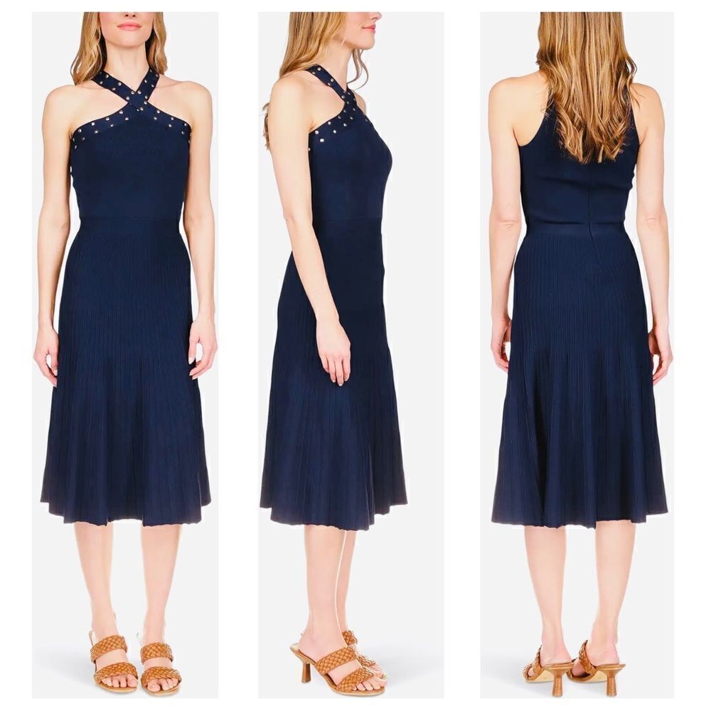 MICHAEL KorsโHalter Dress NEW Navy Stud Trim TeaโLength